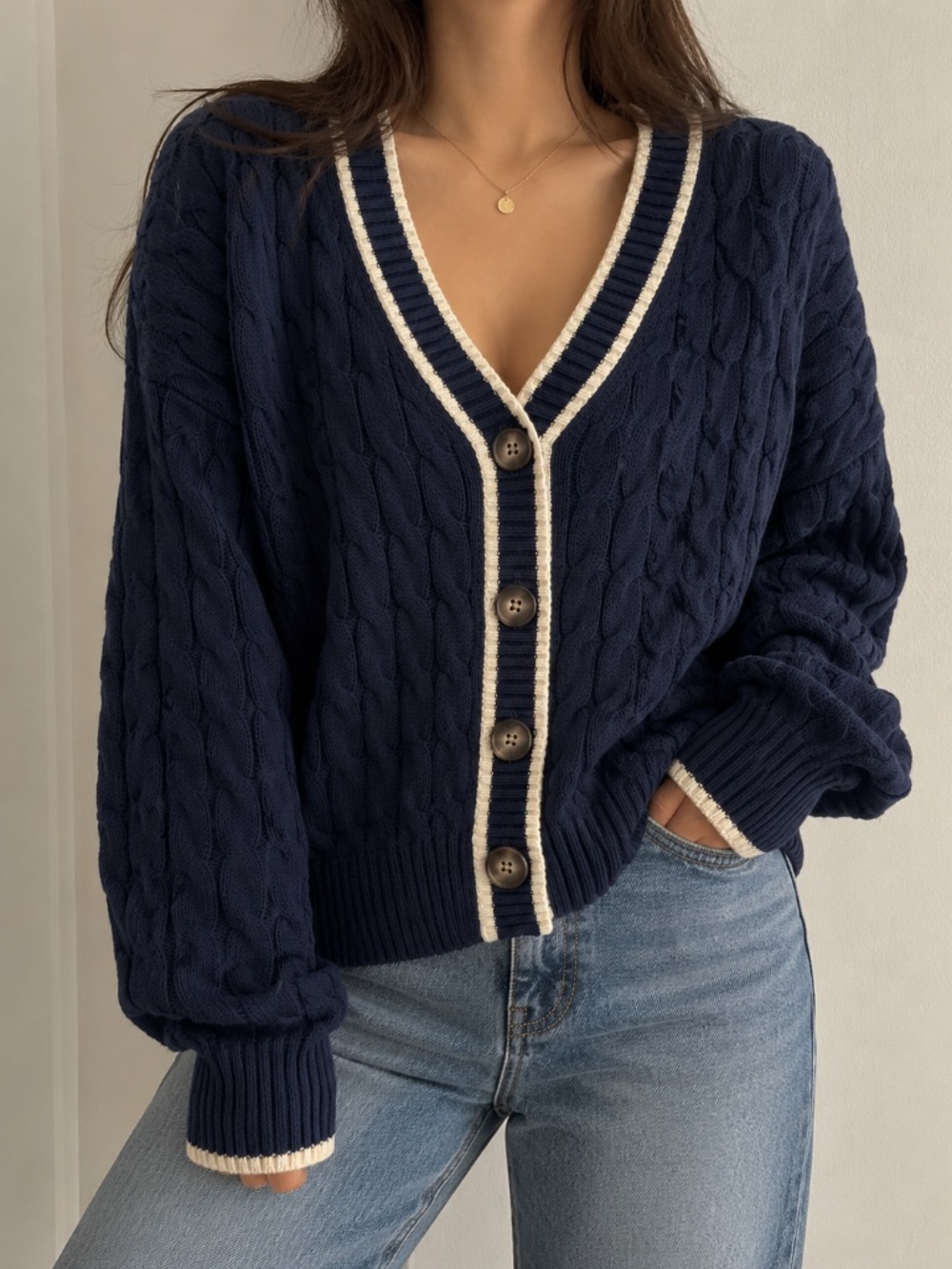 Old Navy Navy Blue Cable Knit Cardigan XS White Trim Button Front Preppy Sweater